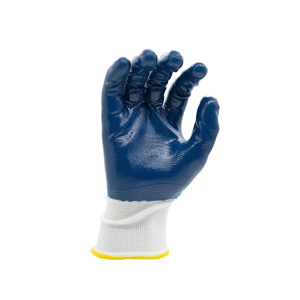 Blue fully coated nitrile work glove with white knitted cuff