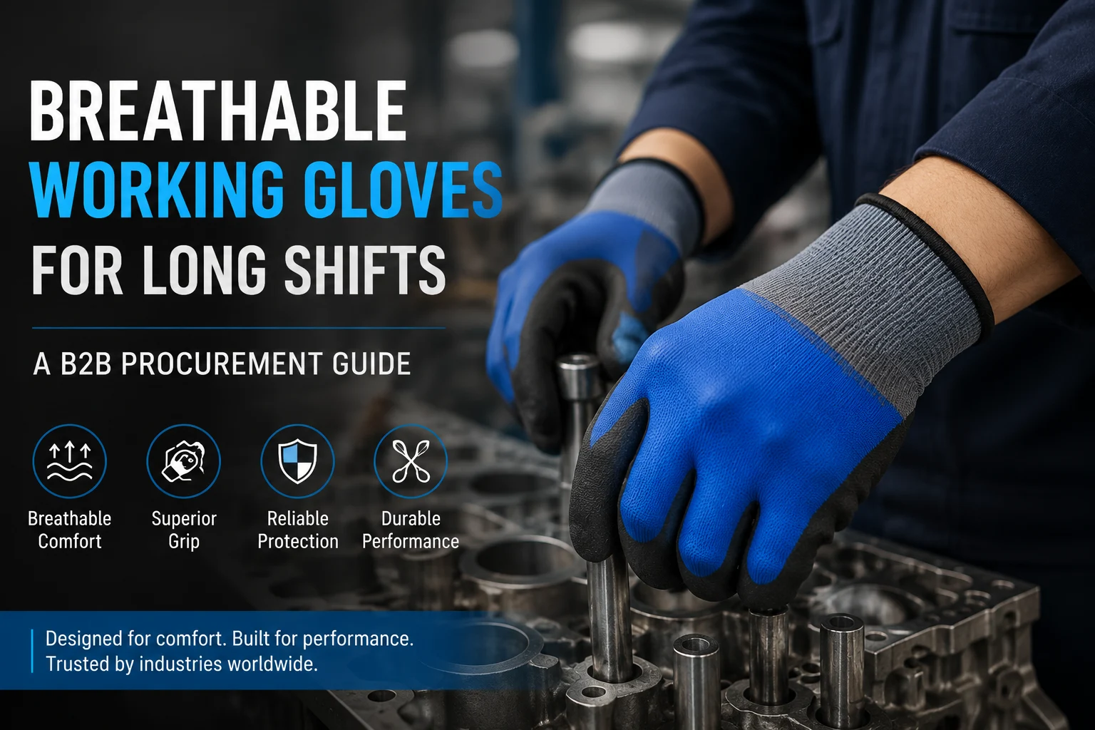 Blue knitted work glove with black textured fingertips and palm coating